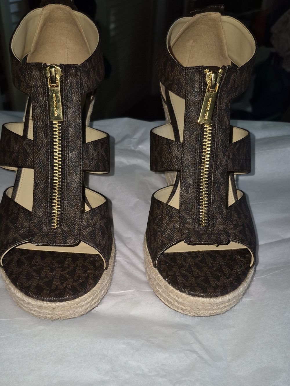 Michael Kors Dark Brown Logo Espadrille Wedge Sandals with Gold Zip